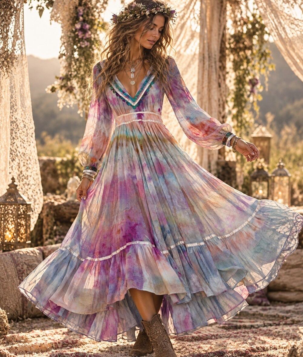 Vintage Gunne Sax Hand Tie Dyed Boho Dress Fairycore Cottagecore Whimsical Sz S
